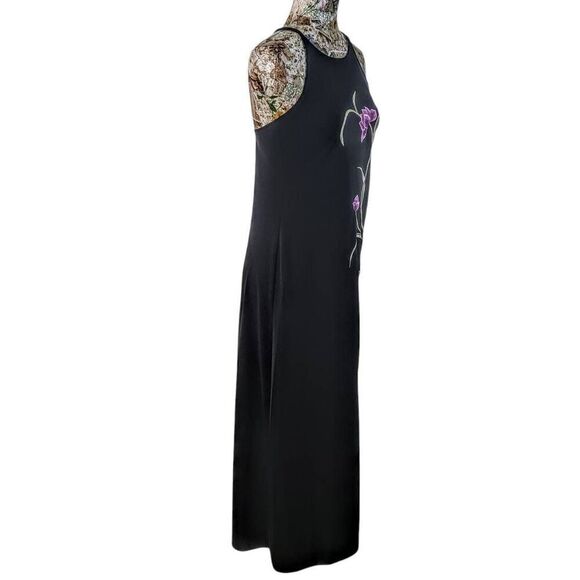 Long Black Gown with Lavender Embroidered Flowers and Crisscross Back Maxi Dress - Picture 6 of 15